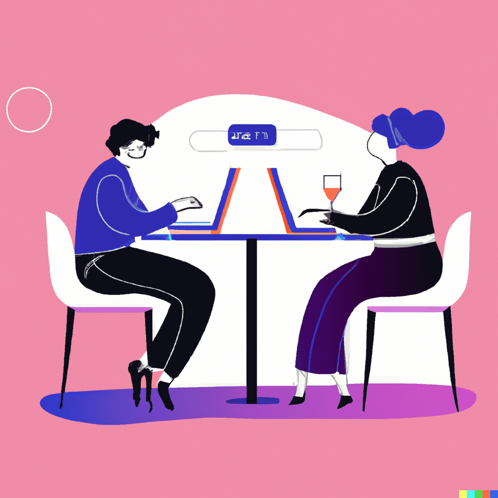 Abstract illustration of two people talking at a restaurant table, emphasizing the importance of blogs for restaurant marketing and engagement