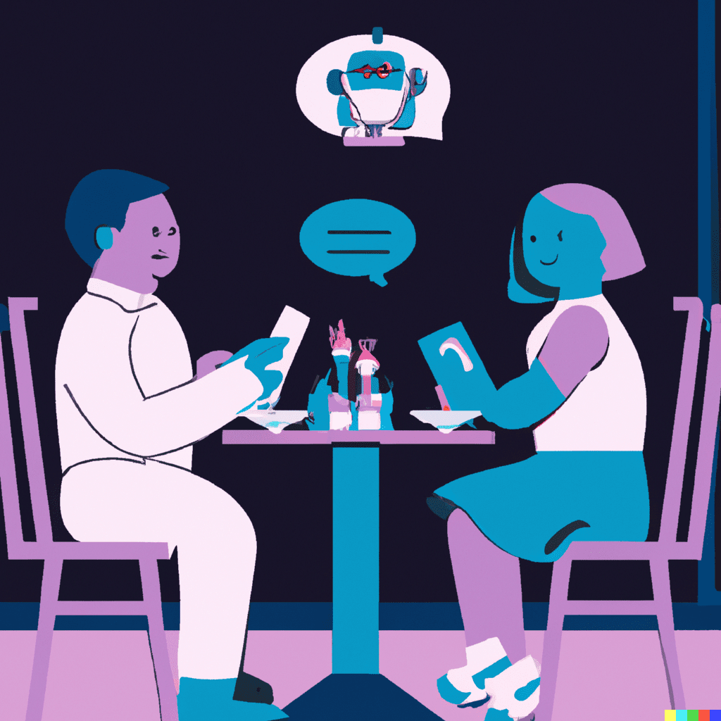 Abstract illustration showing two people at a restaurant being served by a robot, representing AI in customer service