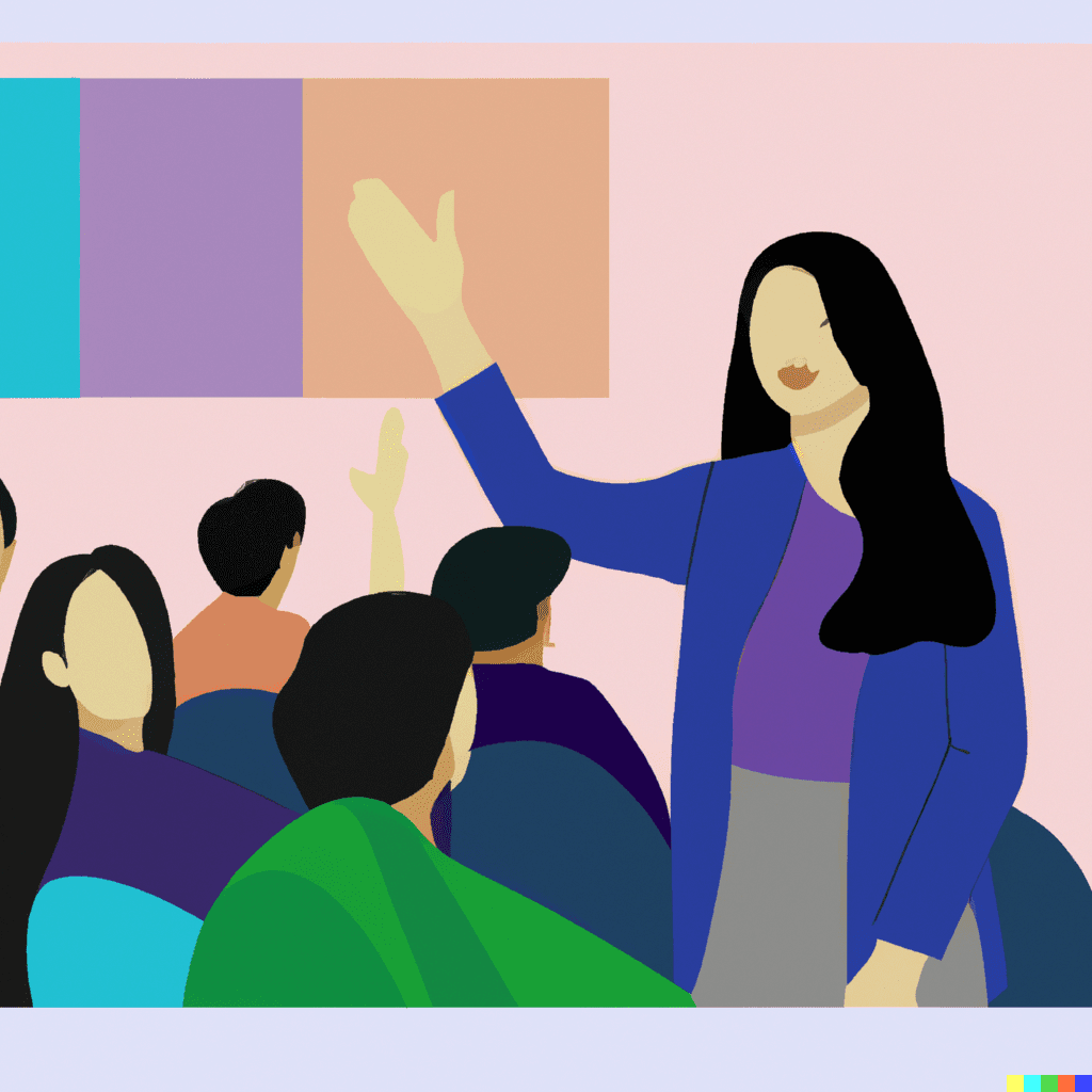 Abstract illustration of someone presenting to an audience, symbolizing AI technology improving restaurant staff training