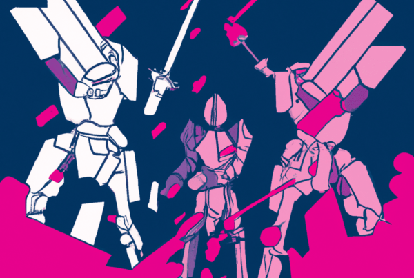 Abstract illustration depicting three robots engaged in combat, representing the ethical dilemmas of autonomous weapons in warfare