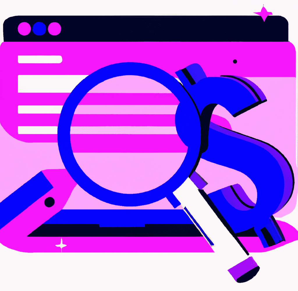 Abstract illustration showing a data dashboard and magnifying glass focusing on money, symbolizing the benefits of a structured SEO plan for improved ROI.