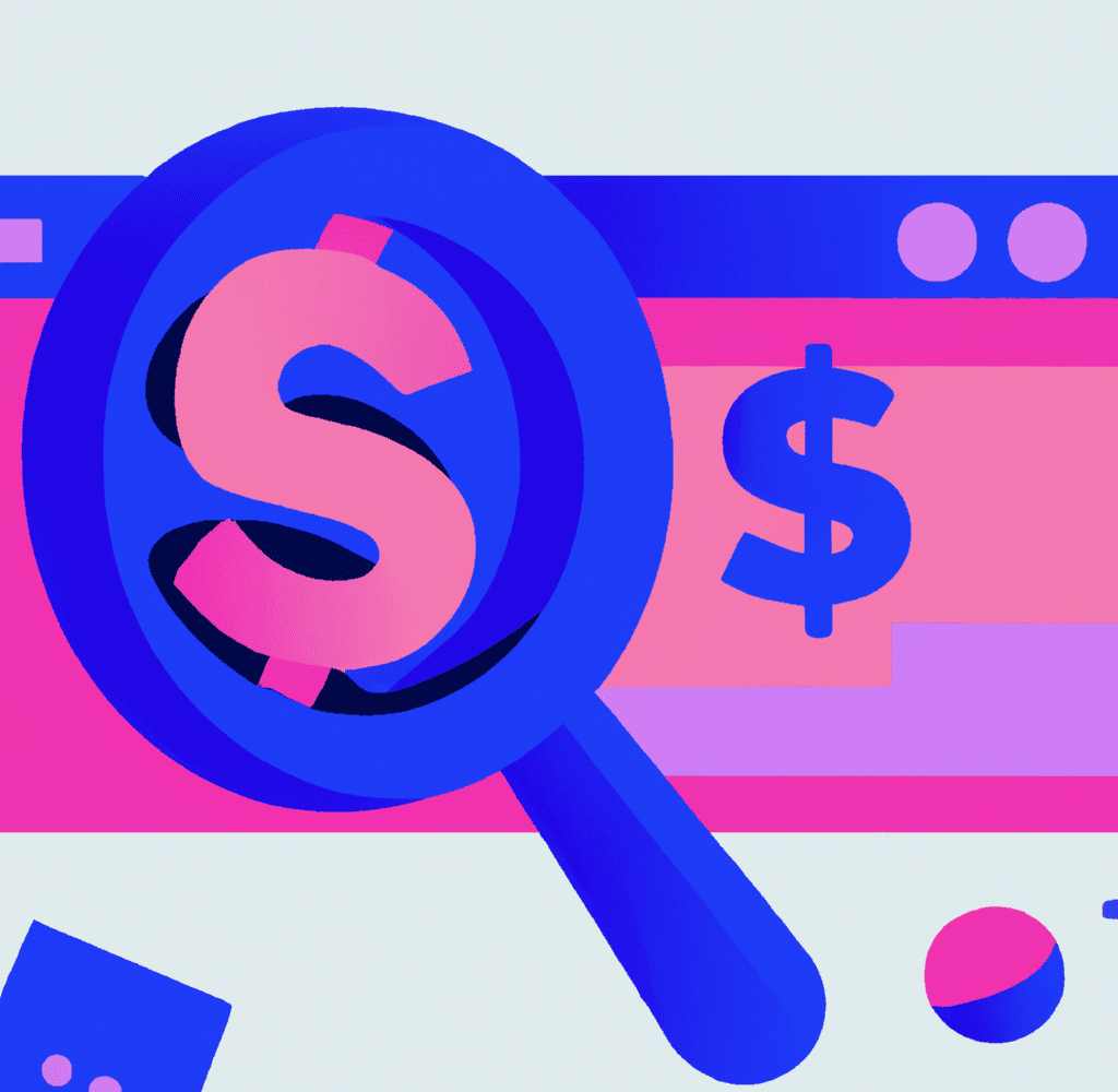 Abstract illustration of a data dashboard with a magnifying glass focusing on money, representing in-depth SEO auditing for boosting website ROI.