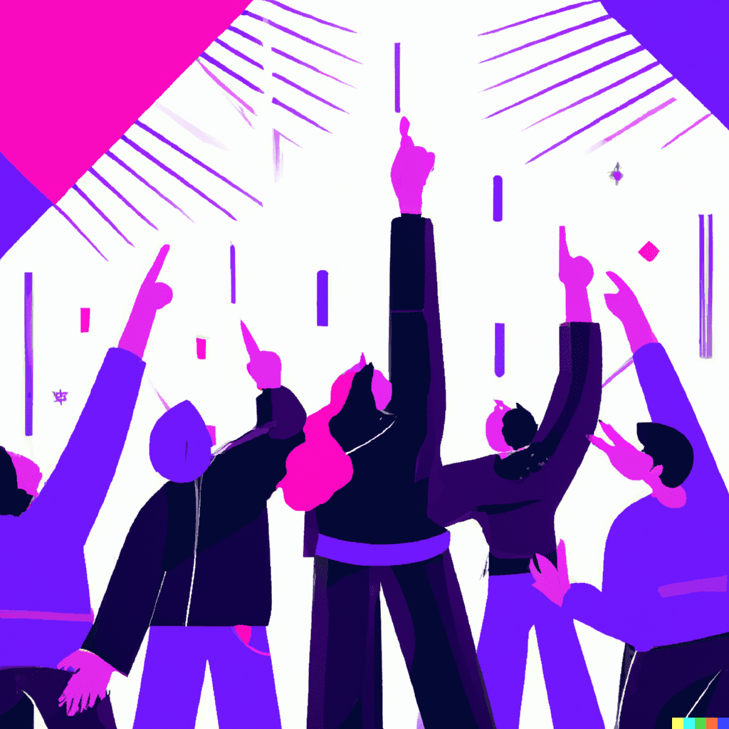 Abstract illustration showing a group of people pointing to the sky, representing social proof in digital marketing.