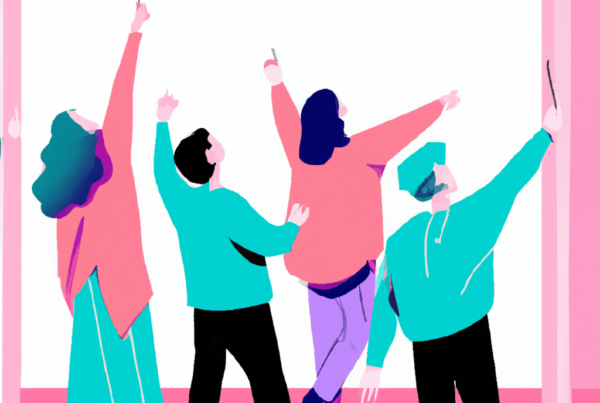 Abstract illustration of a group of people pointing to the sky, symbolizing the influence of user reviews and social proof in attracting customers.