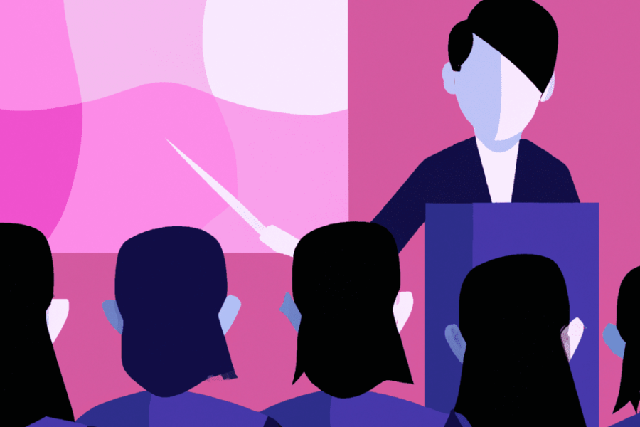 Abstract illustration of a presenter standing and delivering a story to a seated audience, symbolizing the impact of storytelling in hospitality marketing.